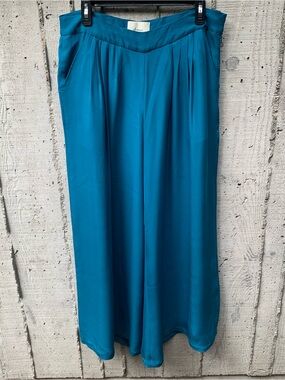 Anthropologie Elevenses Wide Leg Palazzo 100% Silk Pants Teal Blue Size 12